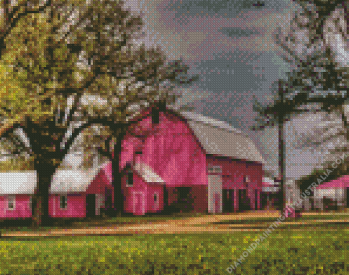 Pink Barn Building Diamond Painting