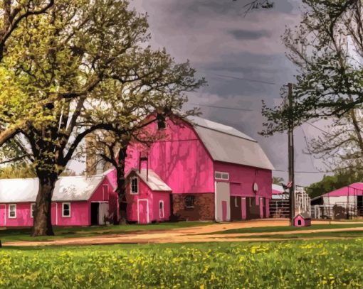 Pink Barn Building Diamond Painting