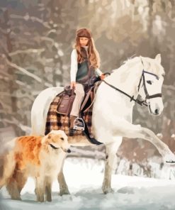 Girl With Horse And Dog In Snow Diamond Painting