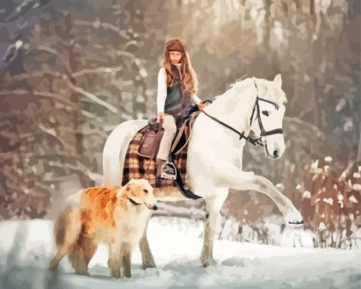 Girl With Horse And Dog In Snow Diamond Painting
