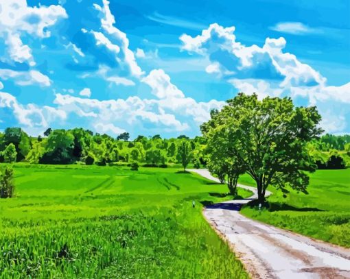 Wonderful Green Tree Near The Road With Blue Sky Diamond Painting