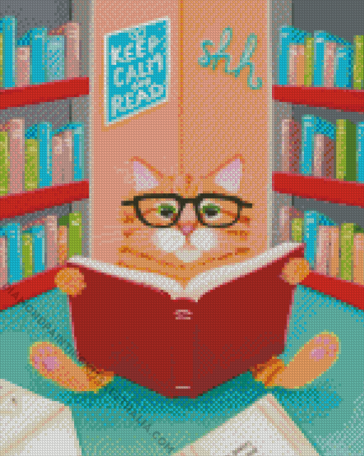 Cat In Library Diamond Painting