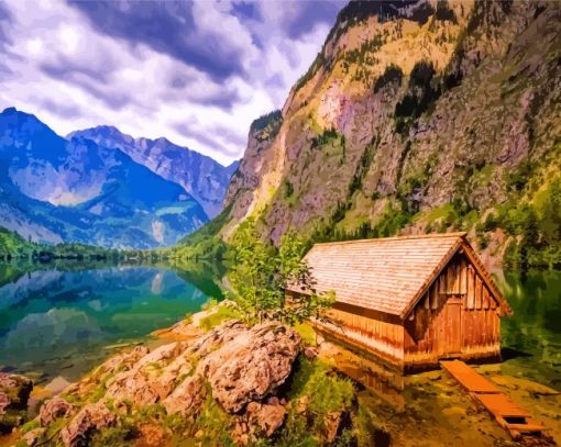 Germany Bavaria Mountains Lake House Diamond Painting