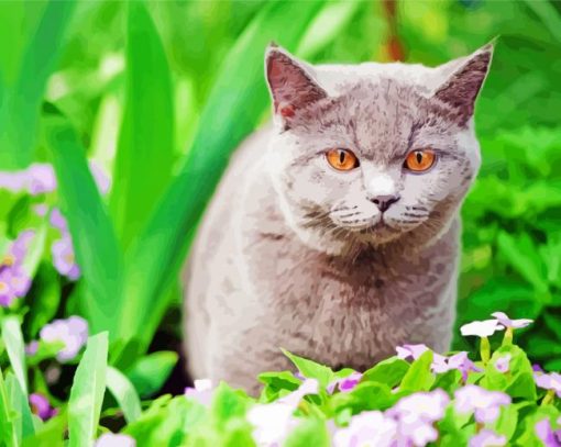 Grey Cat In Garden Diamond Painting