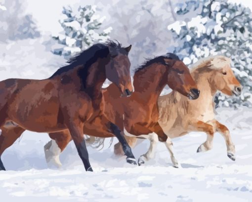 Cute Horses In Snowy Forest Diamond Painting