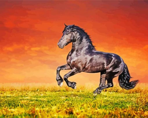 Friesian Horse With Red Sky Diamond Painting