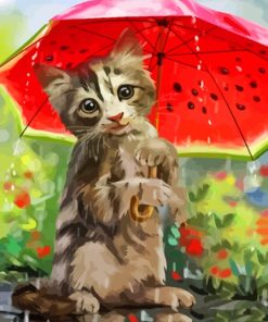 Cat And Watermelon Umbrella Diamond Painting