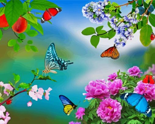 Colorful Flowers And Butterflies Diamond Painting