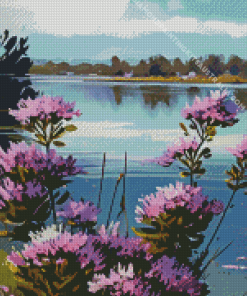 Purple Flowers And Lake Diamond Painting