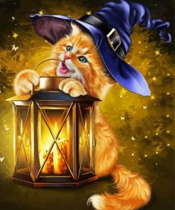 Kitten Witch And Lantern Diamond Painting