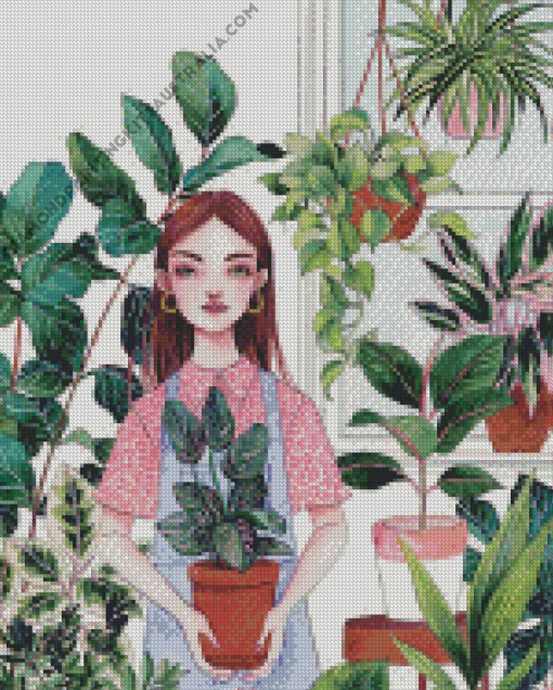 Girl With House Plants Diamond Painting