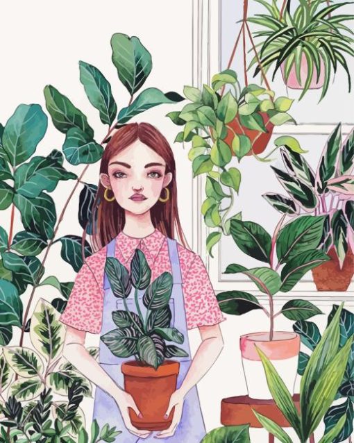 Girl With House Plants Diamond Painting