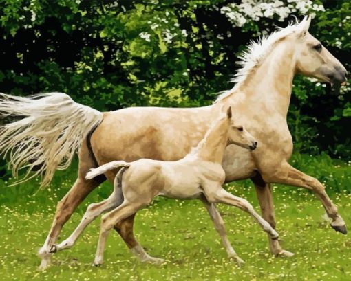 Blonde Mare and Foal in Pasture Diamond Painting