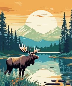 Illustration Moose And Moon Diamond Painting