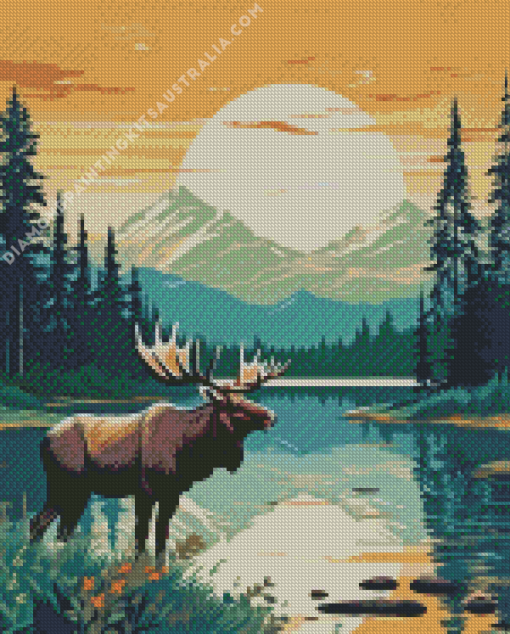 Illustration Moose And Moon Diamond Painting