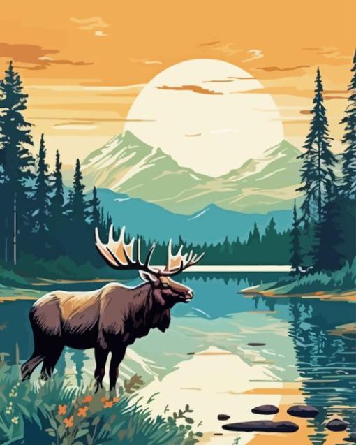 Illustration Moose And Moon Diamond Painting