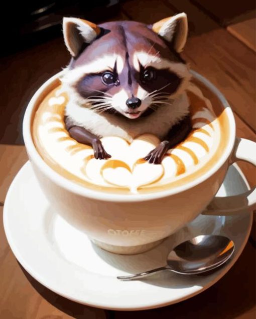 Raccoon With Coffee Diamond Painting