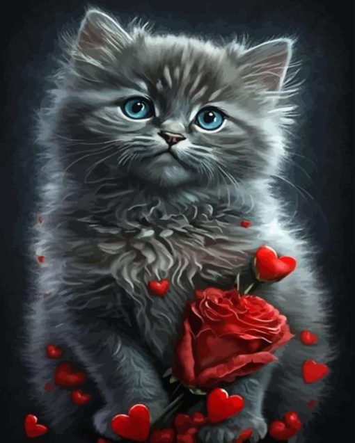 Rose And Grey Cat Diamond Painting