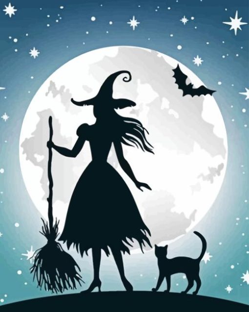 Witch And Cat Silhouette Diamond Painting