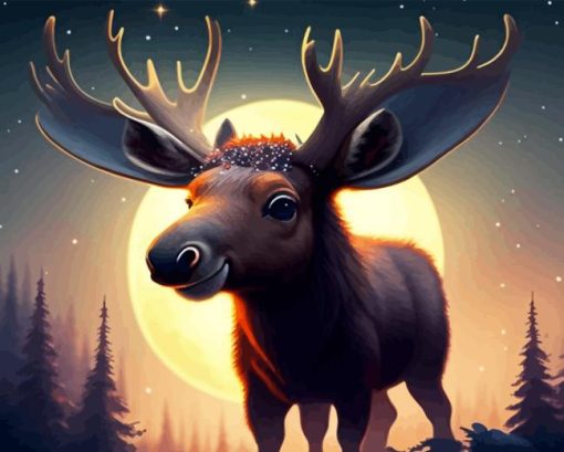 Baby Moose And Moon Diamond Painting