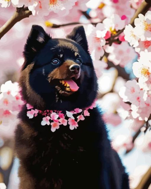 Black Pomeranian And Cherry Blossoms Diamond Painting