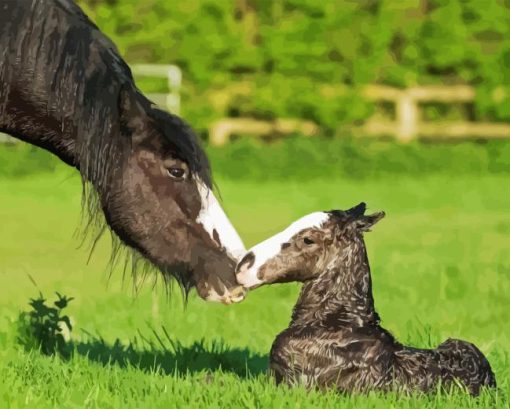 Black Mare And Foal Diamond Painting