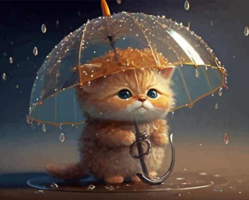 Cartoon Kitten And Umbrella Diamond Painting