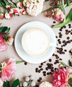 Coffee Cup And Pink Flowers Diamond Painting