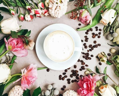 Coffee Cup And Pink Flowers Diamond Painting