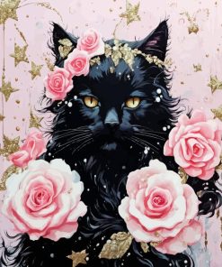 Pink Roses And Black Cat Diamond Painting