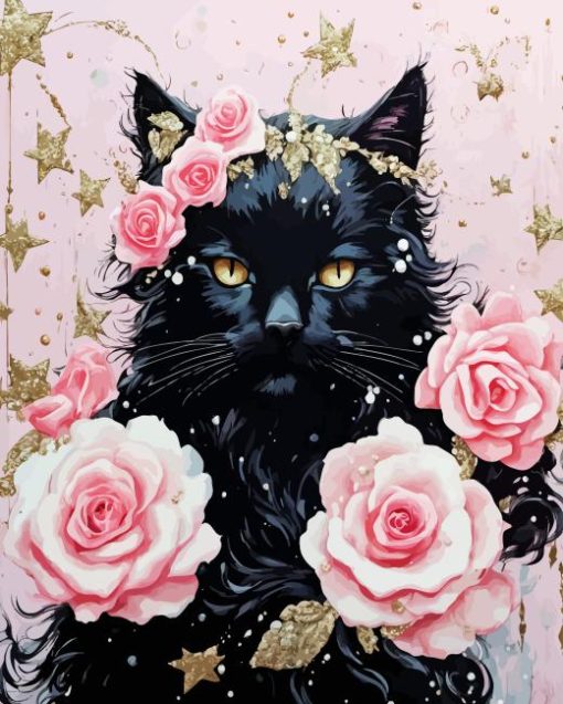 Pink Roses And Black Cat Diamond Painting