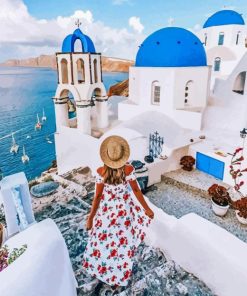 Blonde Girl In Santorini Diamond Painting