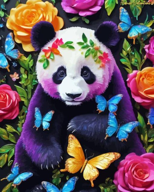 Panda With Colorful Flowers Diamond Painting