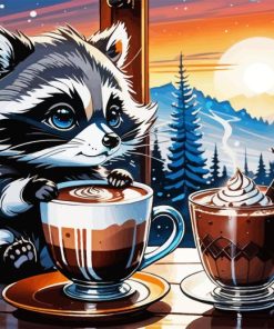 Baby Raccoon With Coffee Diamond Painting