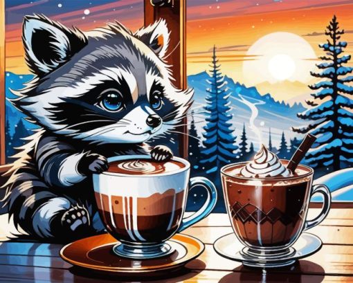 Baby Raccoon With Coffee Diamond Painting