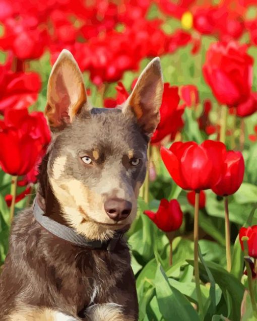 Brown Dog In Tulips Field Diamond Painting