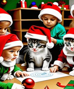 Christmas Children And Cats Diamond Painting