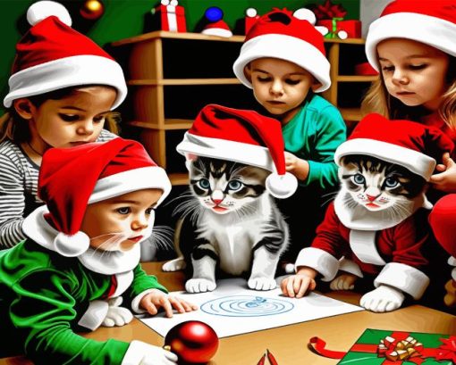 Christmas Children And Cats Diamond Painting