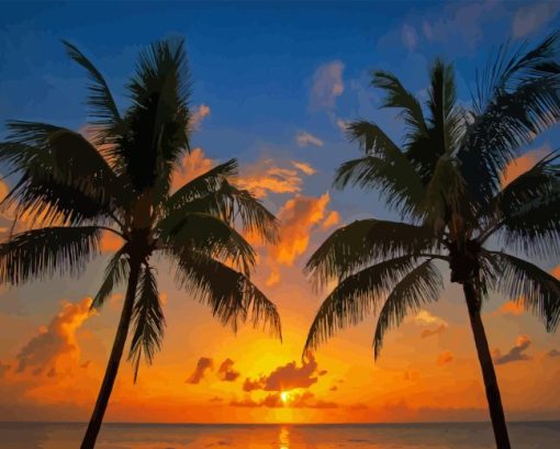 Coconut Tree At Sunset Diamond Painting