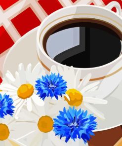 Coffee Cup And Blue Flowers Diamond Painting