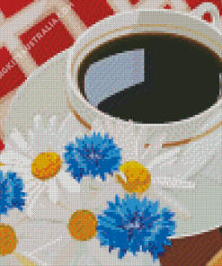 Coffee Cup And Blue Flowers Diamond Painting