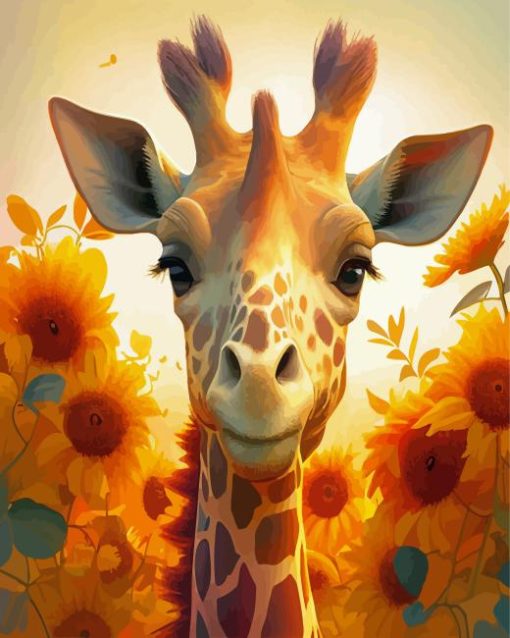 Giraffe And Sunflowers Diamond Painting