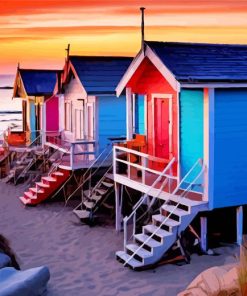 Beach Cabins At Sunset Diamond Painting