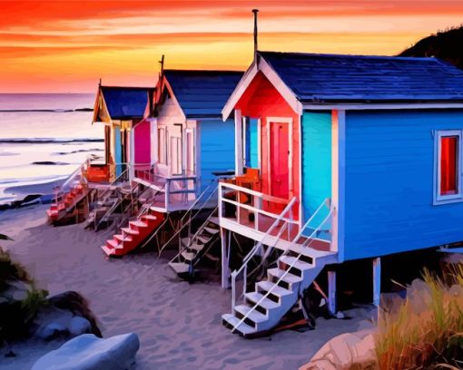 Beach Cabins At Sunset Diamond Painting