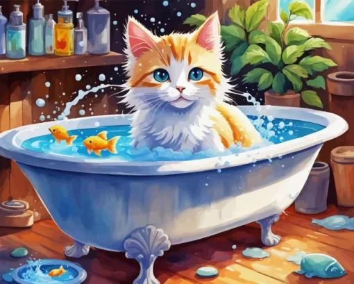 Kitten Taking Bath Diamond Painting