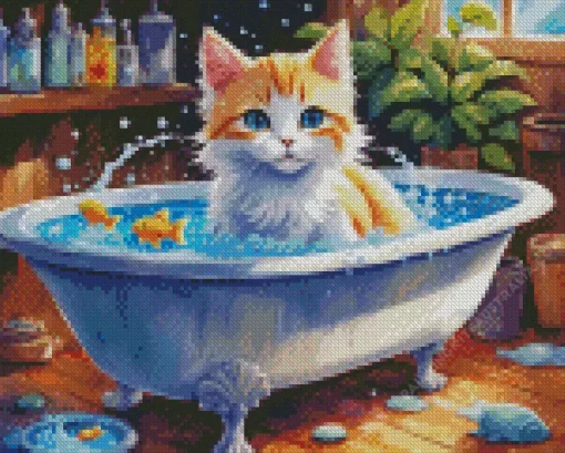 Kitten Taking Bath Diamond Painting