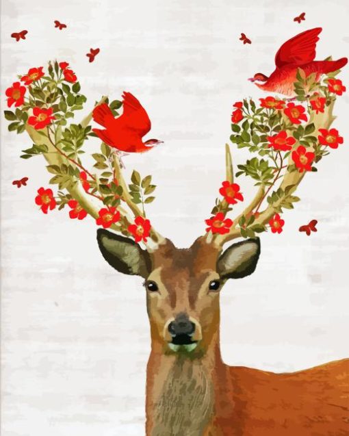 Red Floral Antlers Diamond Painting