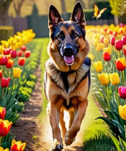 German Shepherd And Tulips Diamond Painting