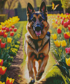 German Shepherd And Tulips Diamond Painting