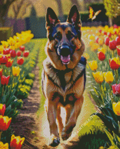 German Shepherd And Tulips Diamond Painting